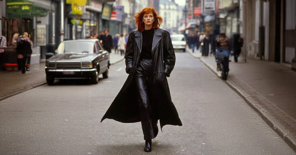 mrs leather confidently walking down the street in full leathers