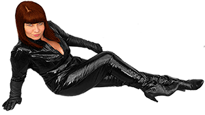 logo image of mrs leather reclining in a pvc catsuit