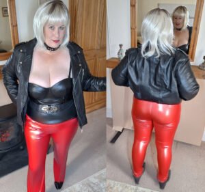 mrs leather wearing faux red leather leggings. front and back
