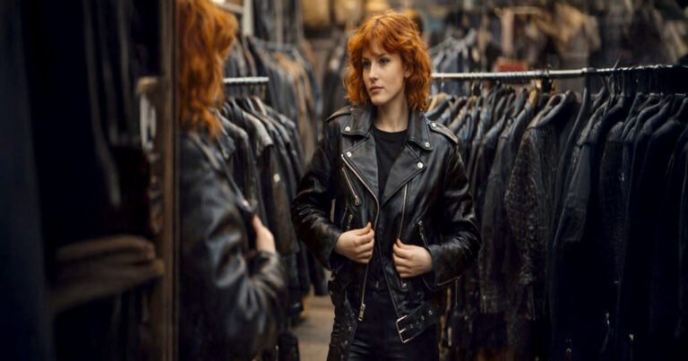 trying on biker jacket