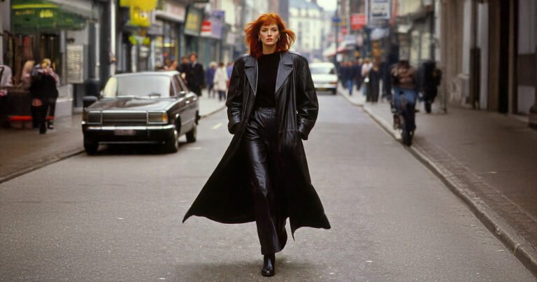 mrs leather confidently walking down the street in full leathers