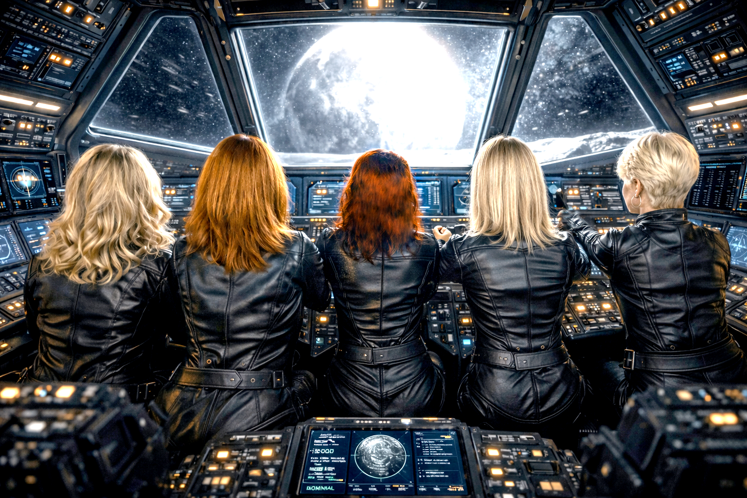 all 5 leather hosts looking at the moon