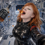Nrs Leather catching globules os whiskey with her mouth