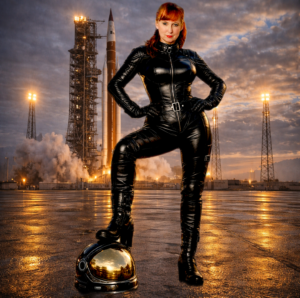 miztress jasmin wearing leather space suit